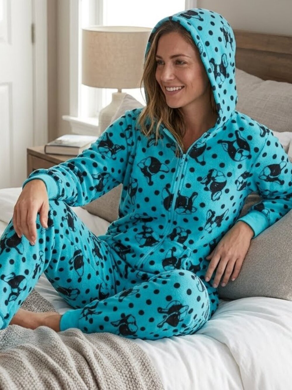 SWS Blue Fleece Long Warm Pajama Onesie Sleepwear Loungewear Dog Print Size XL